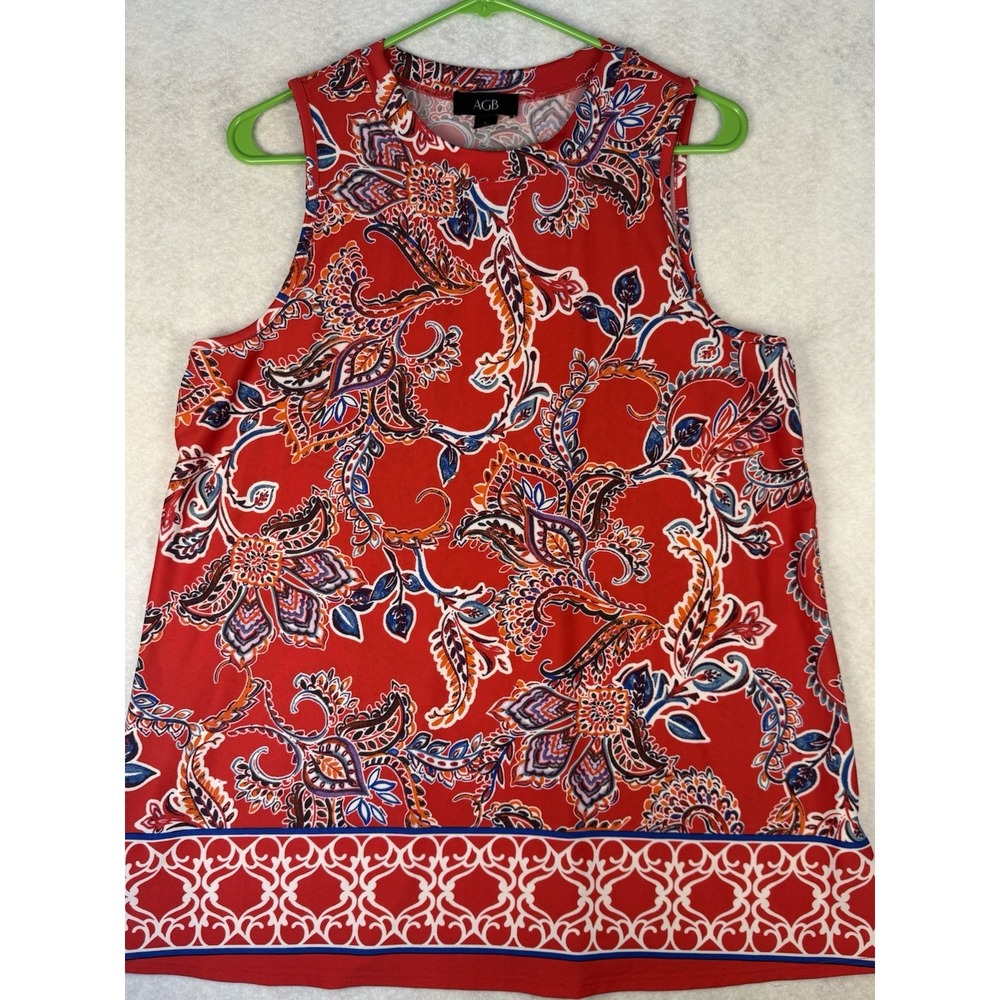 AGB Womens Sleeveless Paisley‎ Print Blouse Red Orange Blue Size L